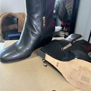 Coach Black Leather Heeled Boots with Gold Accents